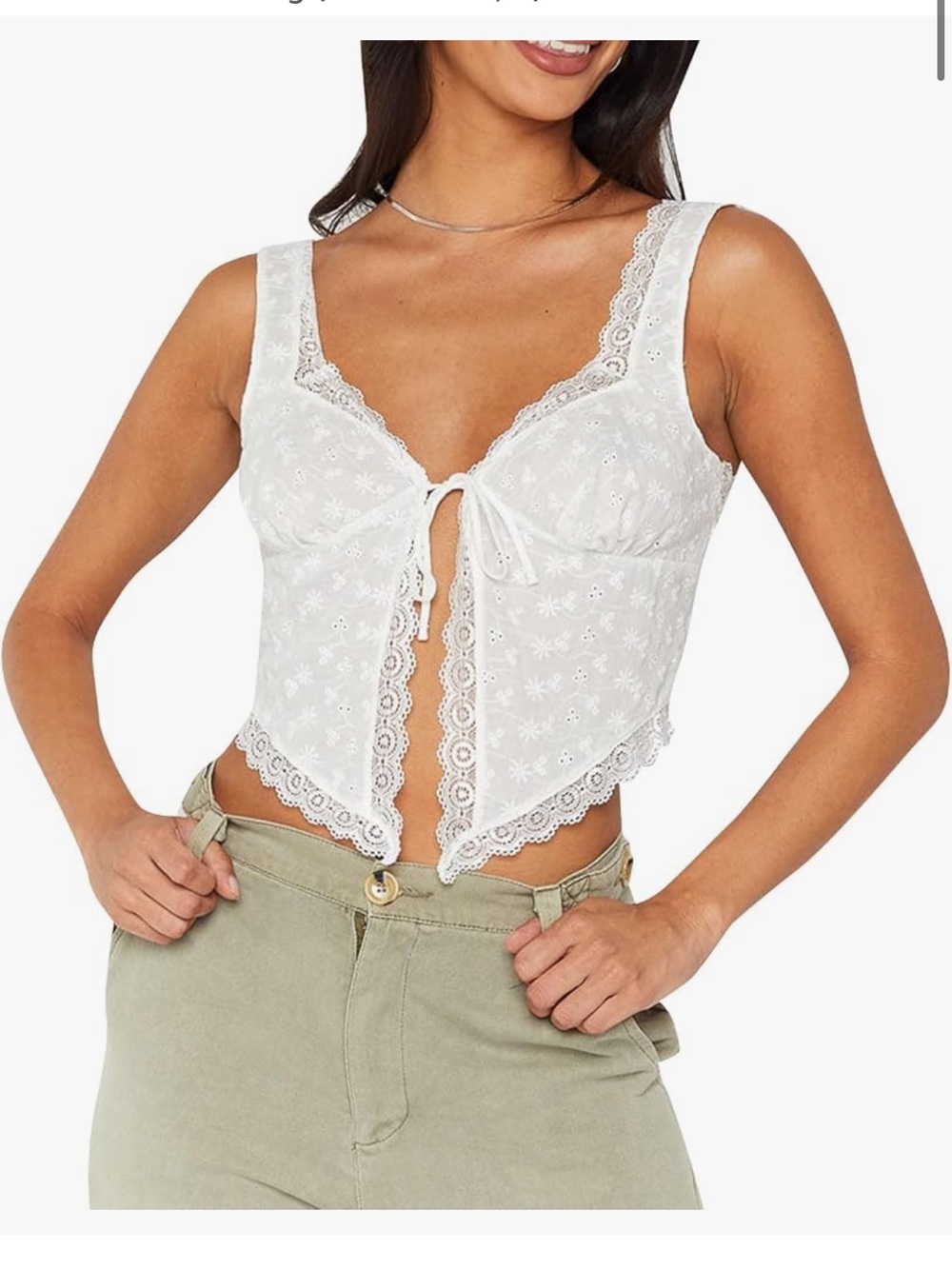 White Lace Tie-Front Tank Top